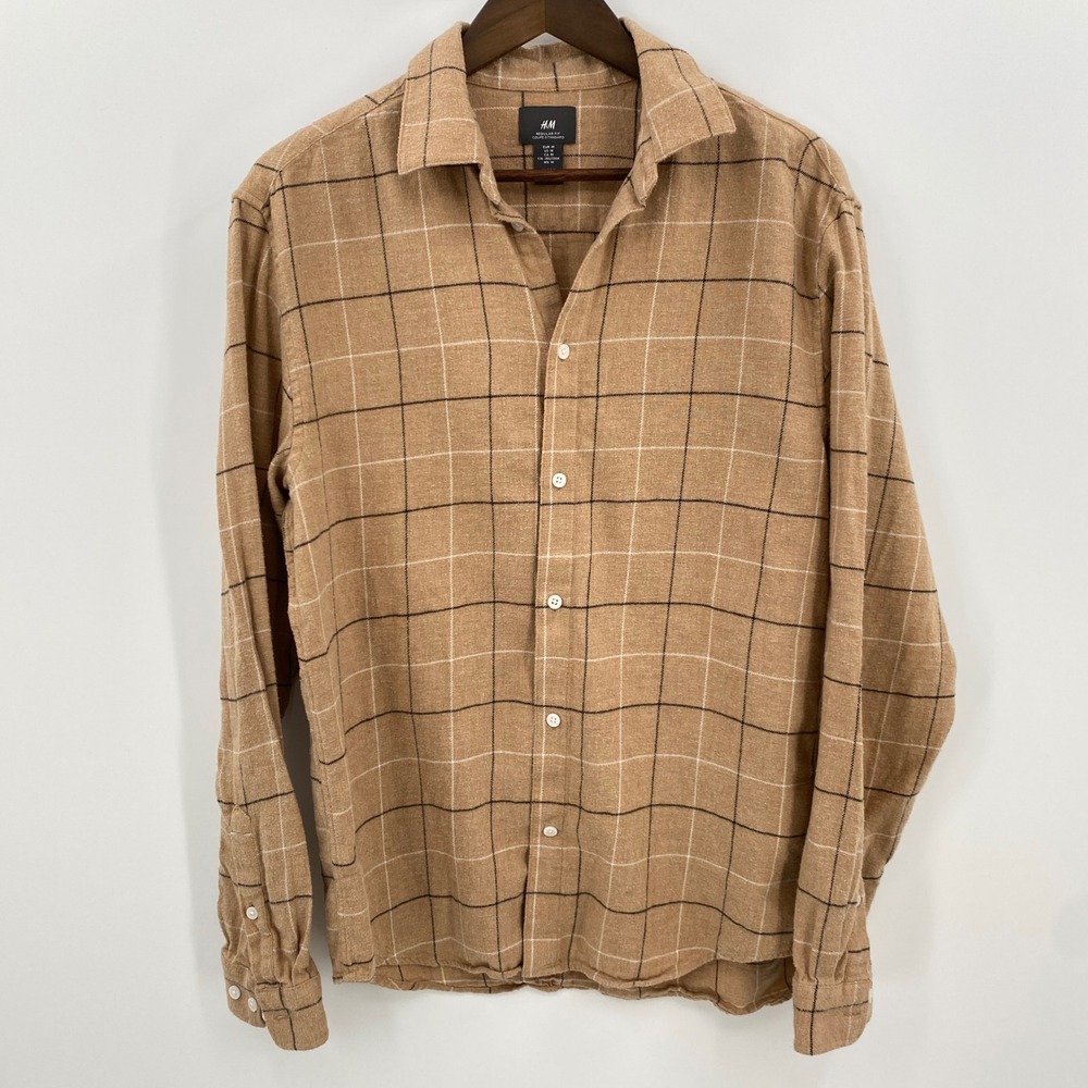 H&M Flannel Shirt Mens Medium‎ Brown Plaid Regular Fit Cotton Windowpane Cabin